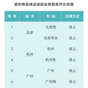 火车上丢失东西可以通过快运送回了，广州站、广州南站等车站新增服务