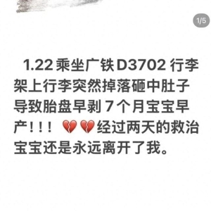 孕妇动车上被行李砸中致孩子早产离世，当事人：准备起诉